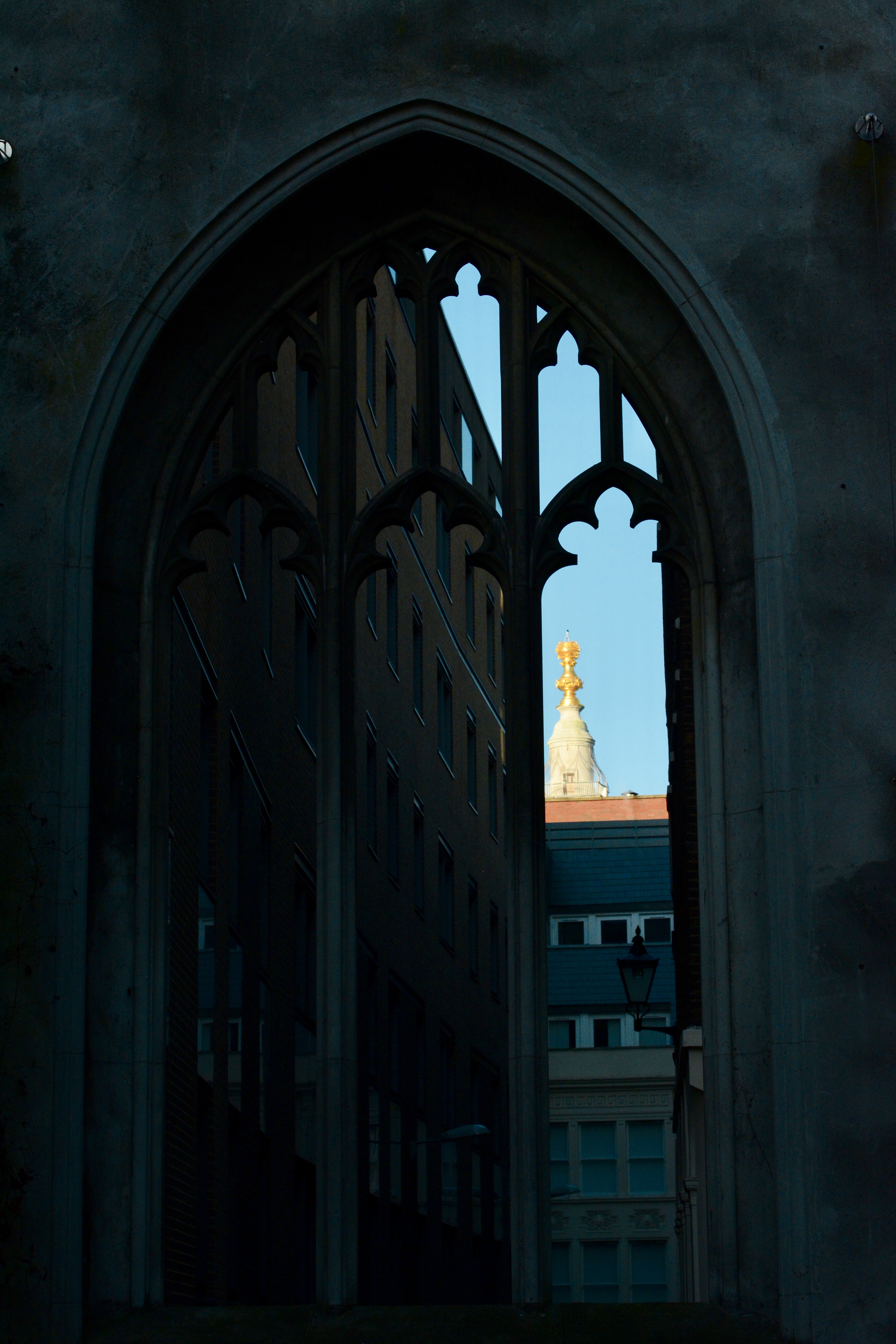 Gothic tracery at the ruins of the church of St Dunstan-in-the-East