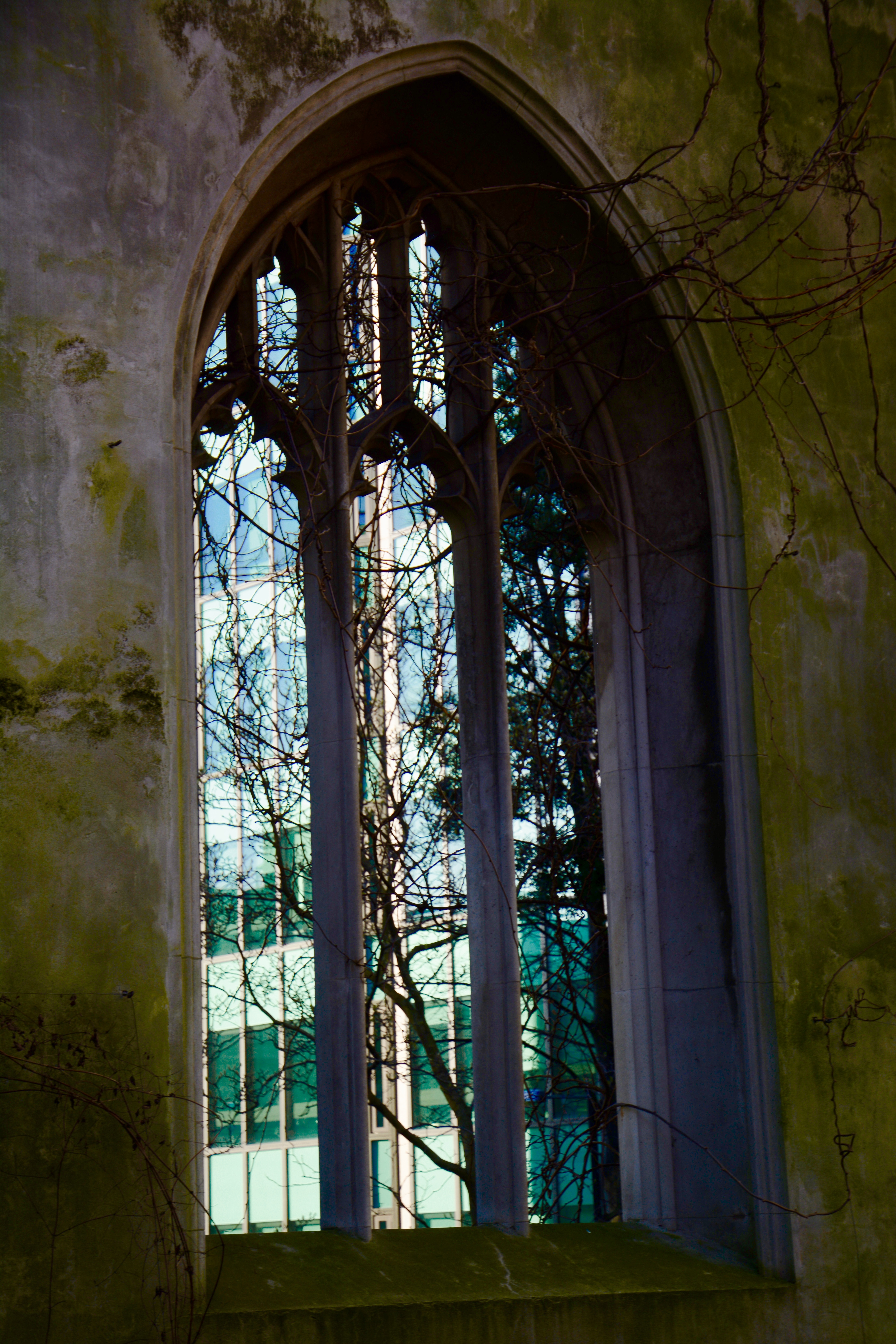 An office block framed by the ruins of St Dunstan-in-the-East in the City of London
