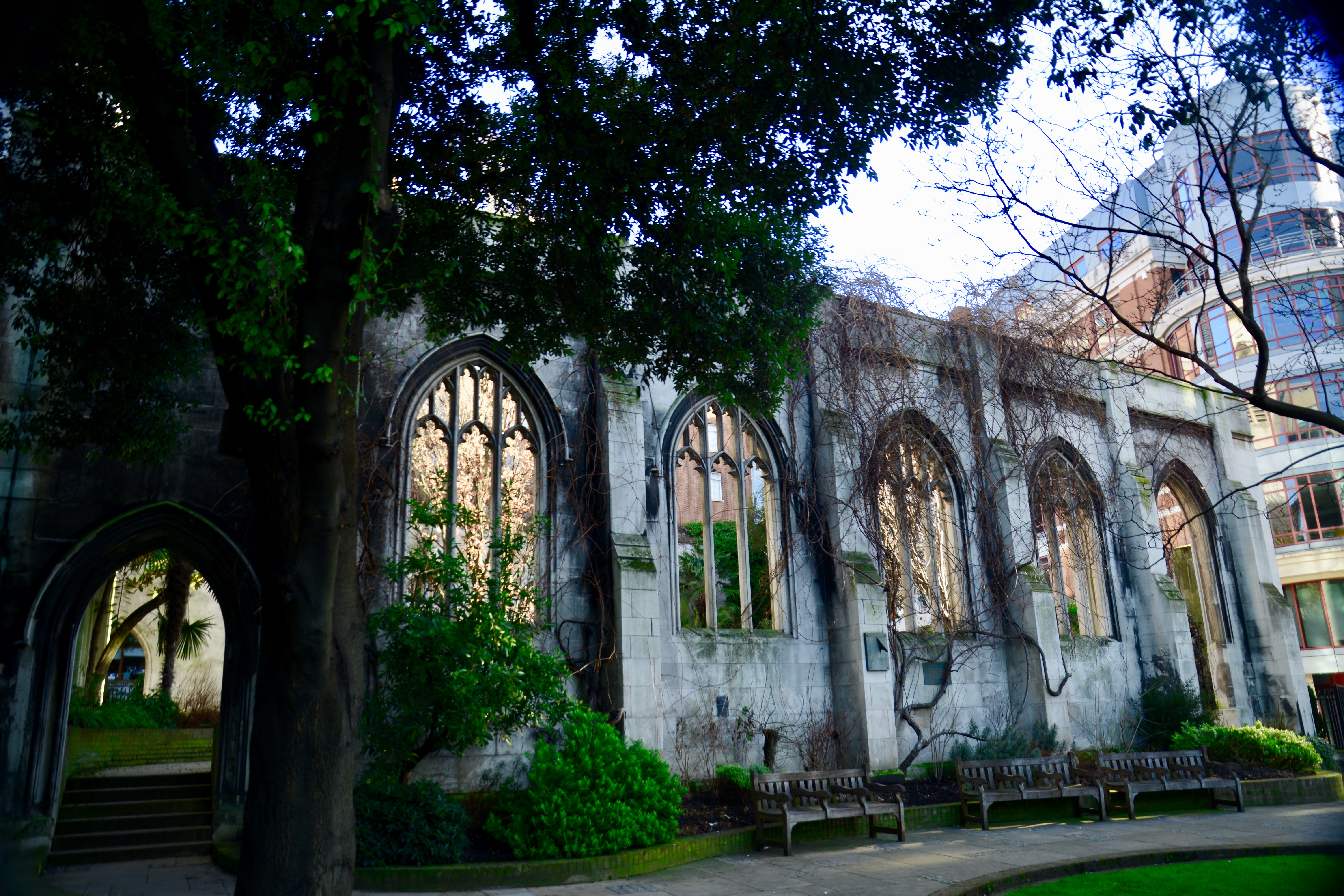 Gothic tracery in the ruins of St Dunstan-in-the-East in the City of London